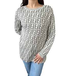 FENDI Vintage Zucca Monogram Sweater Pullover Cotton Rayon Cream Gray Rank AB