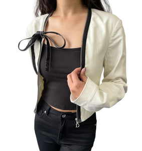 Christian Dior Vintage Logo Jacket #38 White Black Cotton Zip Leather Rank AB