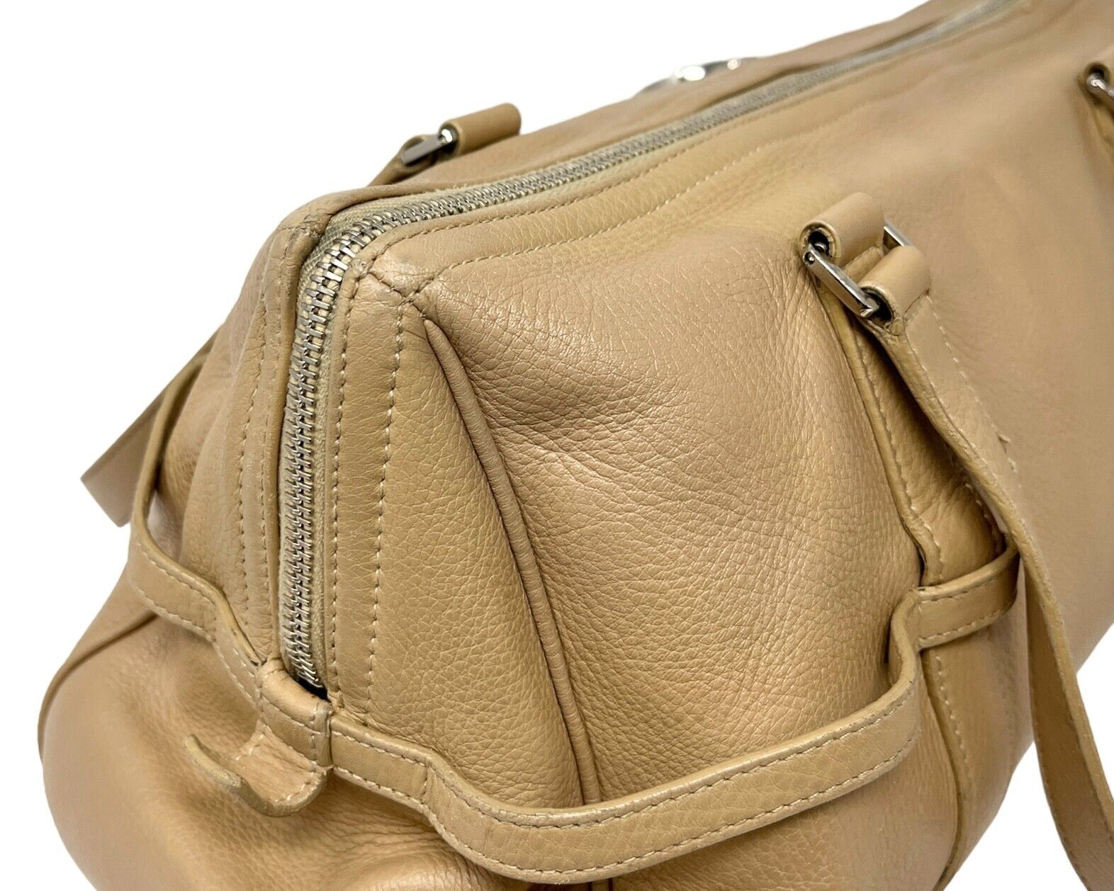 Christian Dior Vintage Logo Shoulder Bag Zip Beige Silver Leather Rank AB