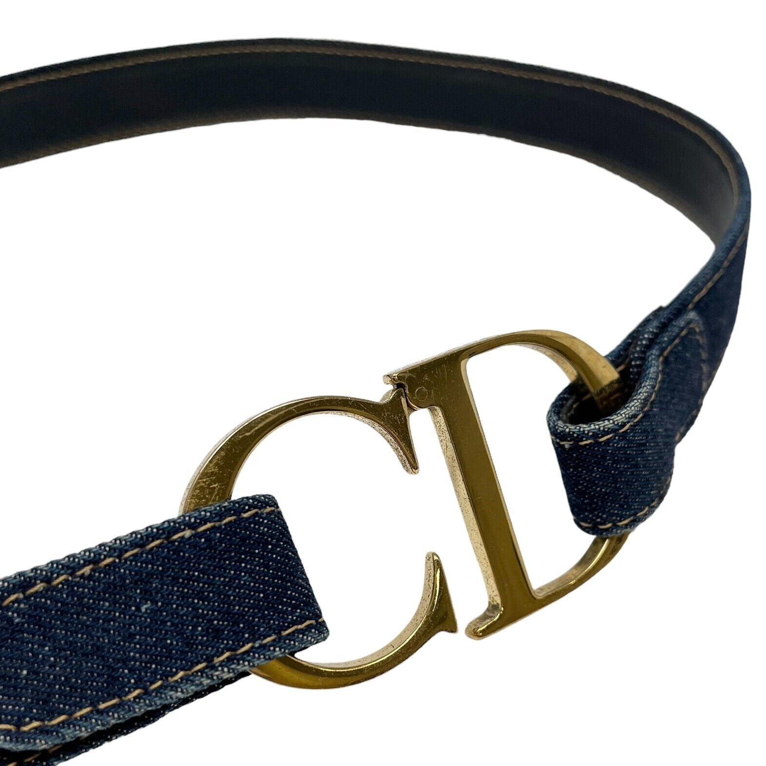 Christian Dior Vintage CD Logo Belt #M Denim Accessory Blue Gold Cotton Rank AB