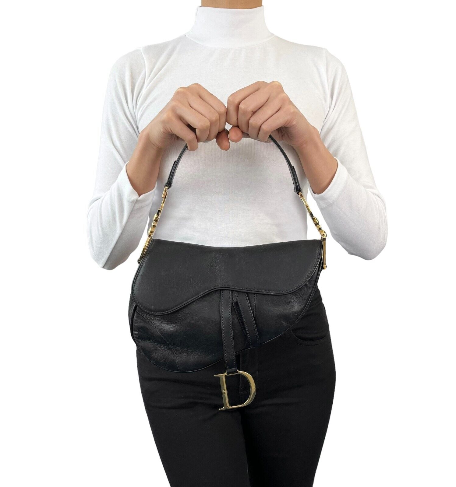 Christian Dior Vintage Logo Saddle Bag Shoulder Bag Black Gold Leather RankAB