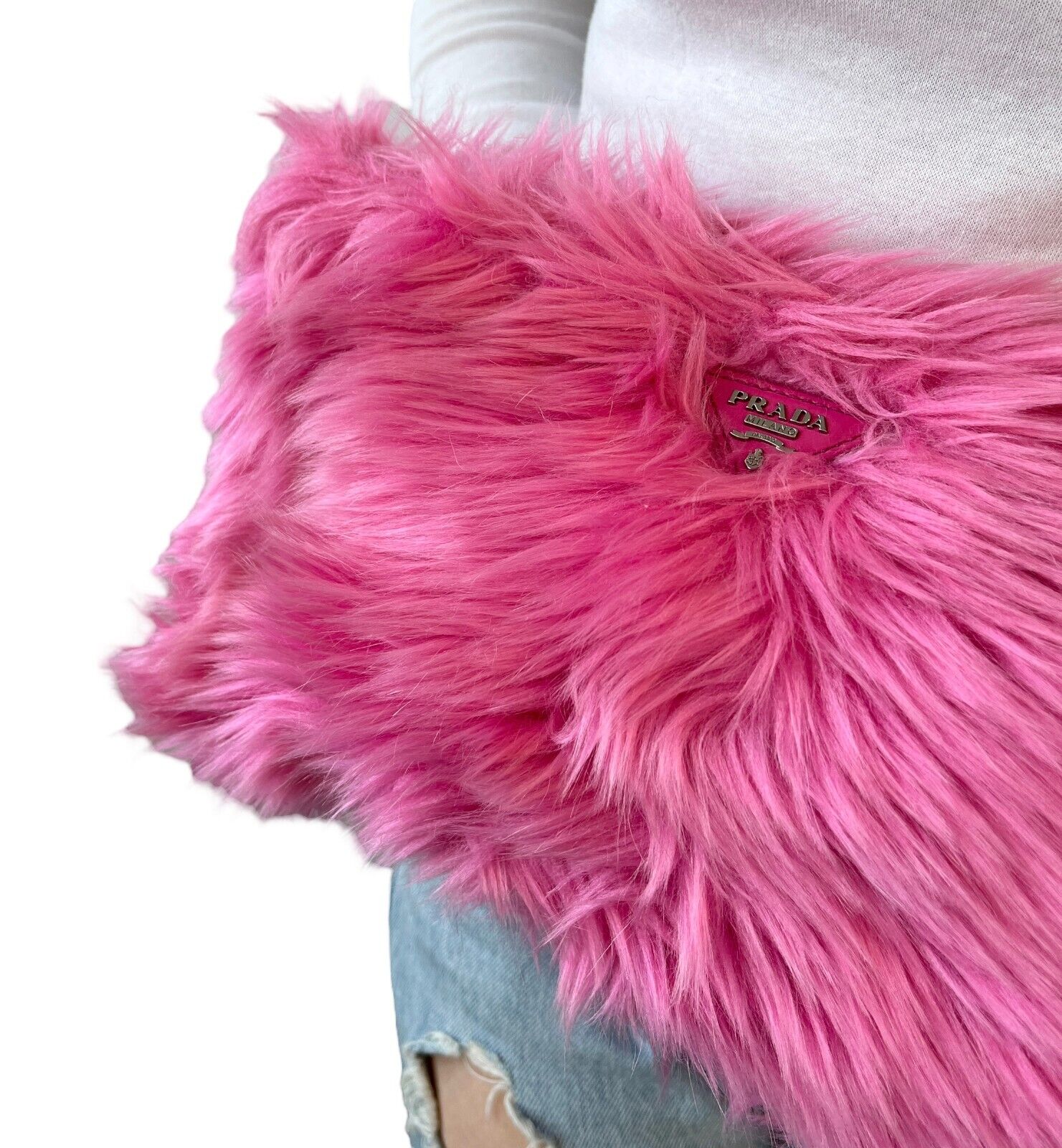 PRADA Vintage Logo Clutch Bag Artificial Fur Leather Zip Pink Silver RankAB+