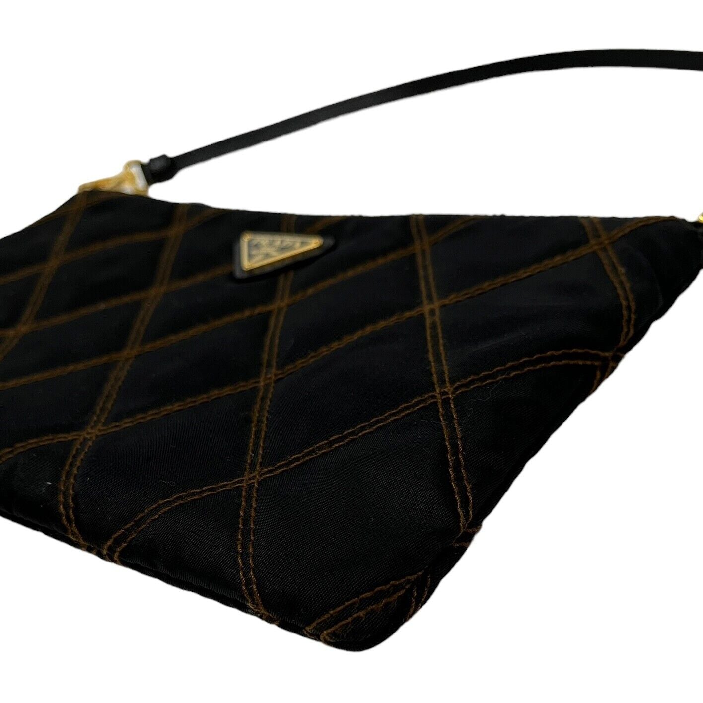 PRADA Vintage Logo Quilting Pochette Mini Bag Black Brown Nylon Rank AB+