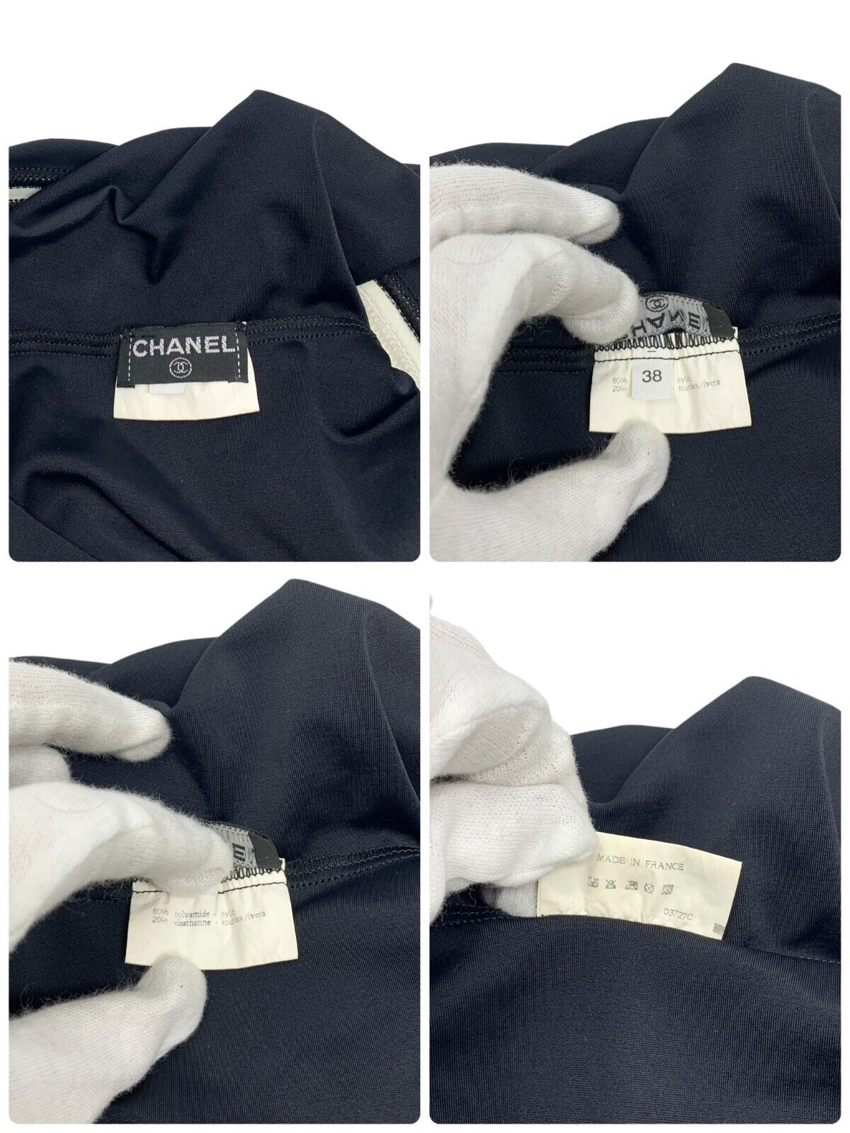 CHANEL Vintage CC Logo Swimwear Swimsuit #38 Embroidery Black Ivory Nylon RankAB
