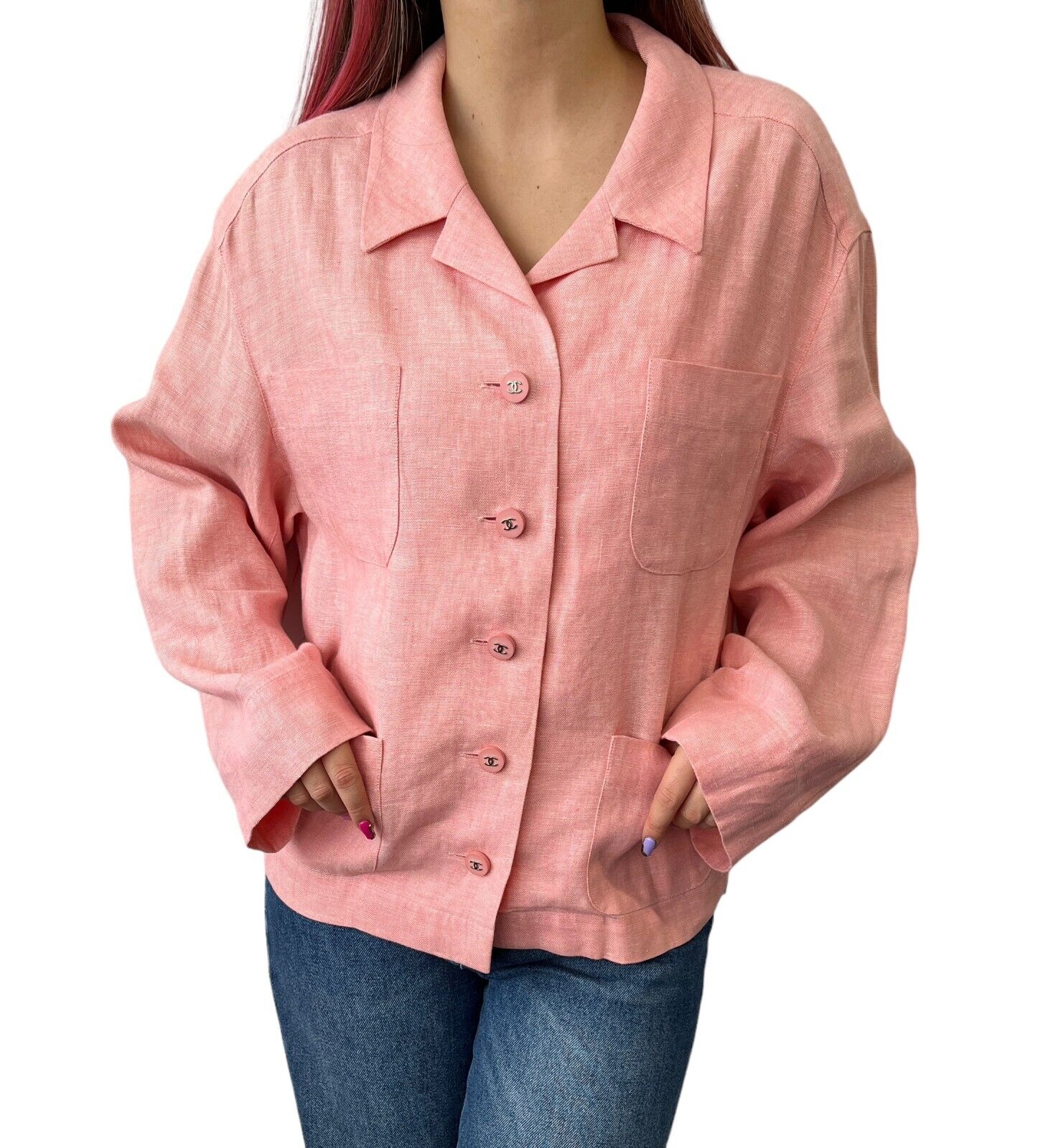 CHANEL Vintage 96P CC Mark Button Linen Jacket #36 Pocket Pink Rank AB
