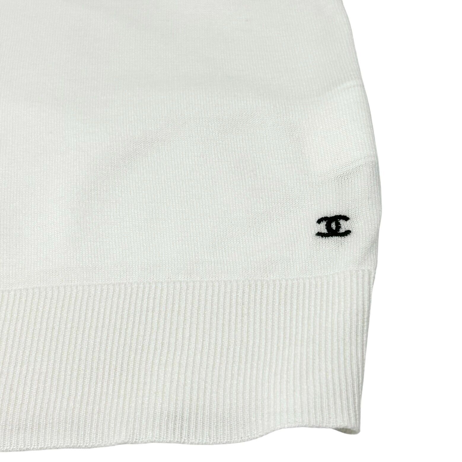 CHANEL Vintage Coco Mark Logo Sleeveless Top #44 Summer Knit White Cotton RankAB