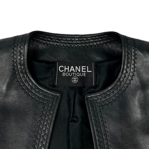 CHANEL Vintage CC Mark Open Front Leather Jacket Button Stitch Black Rank AB+