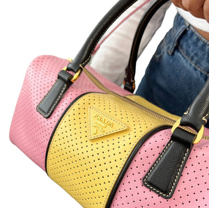 PRADA Vintage Logo Saffiano Punching Boston Bag Handbag 2Way Pink Yellow RankAB