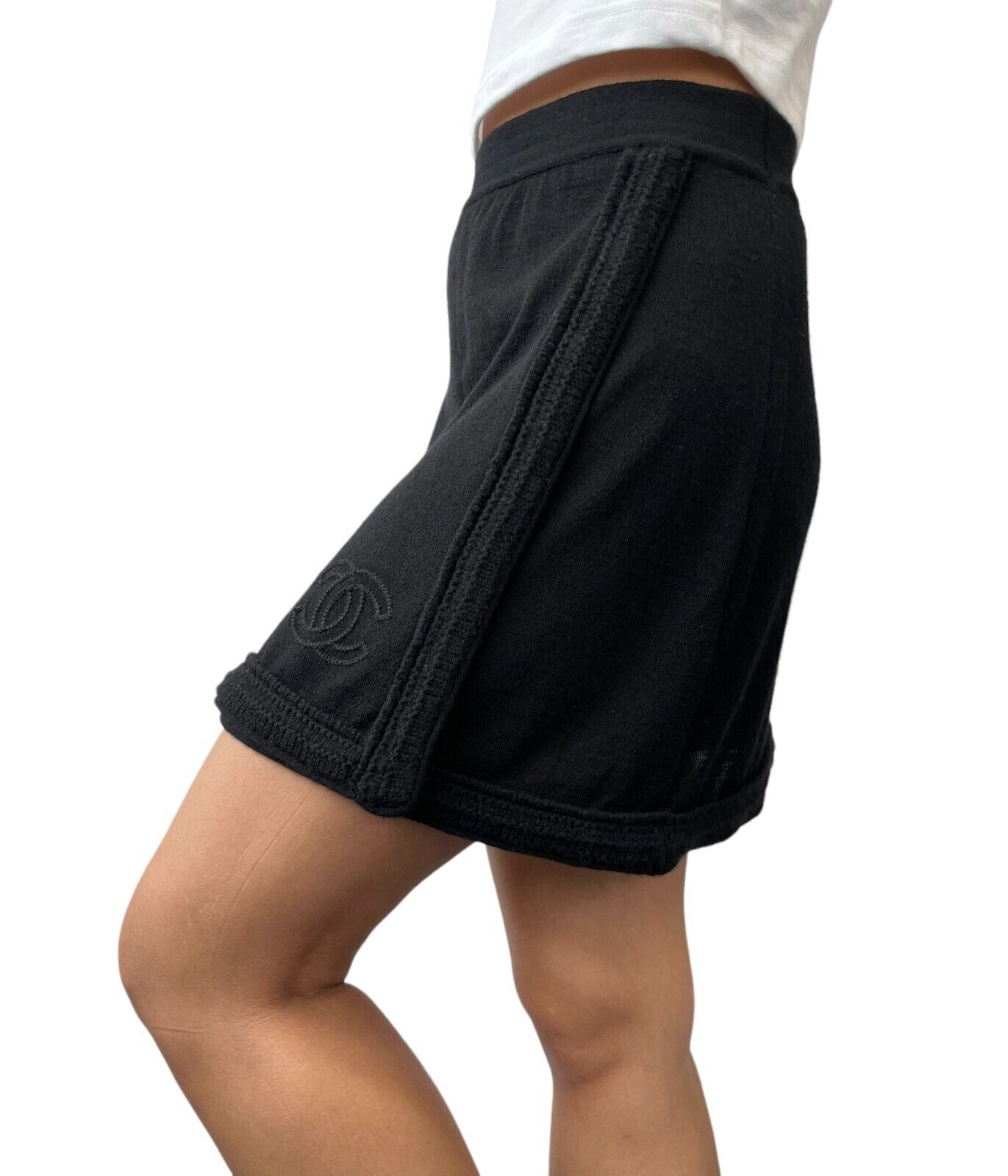 CHANEL Vintage P39396 Coco Mark Mini Skirt #36 Black Cashmere Rank AB+