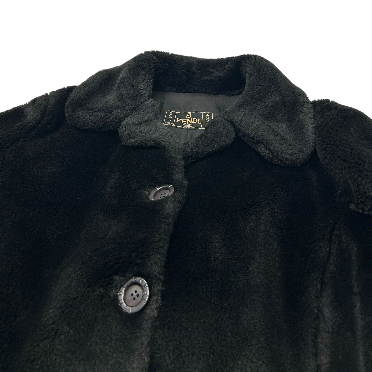 FENDI Vintage Logo Faux Fur Coat #42 Black Modacrylic Jacket Button RankAB