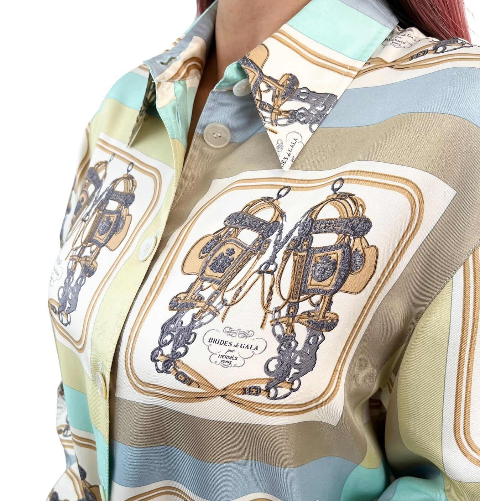 HERMES Vintage Logo Buuton-up Shirt #38 Blouse Multicolor Button Silk RankAB
