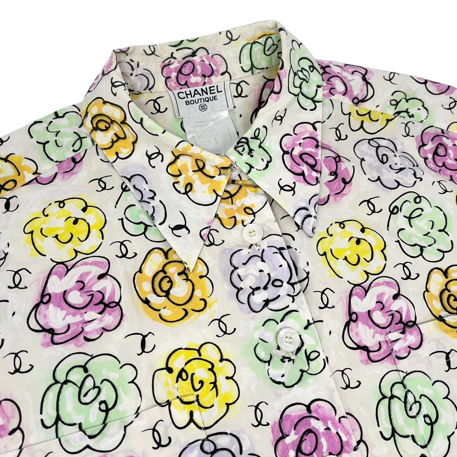 CHANEL Vintage 98S CC Mark Logo Shirt Top #38 Button Flower Multicolor Rank AB