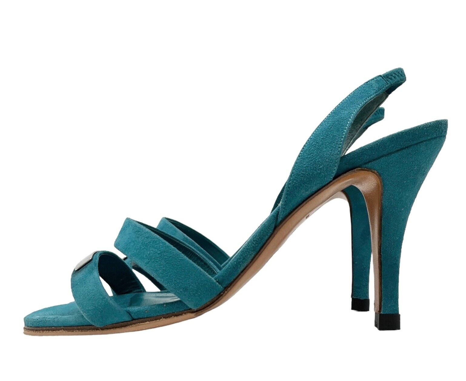 CHANEL Vintage 98P Logo Plate Sandals #37.5 US7.5 Turquoise Blue Suede Rank AB