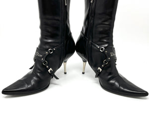 Christian Dior Vintage Logo Bondage Boots #37 US7 Black Heels Leather RankAB
