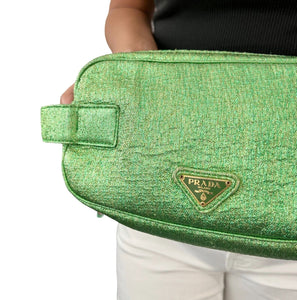 PRADA Vintage Logo Crossbody Bag Shoulder Bag Green Nylon Chain Glitter RankAB