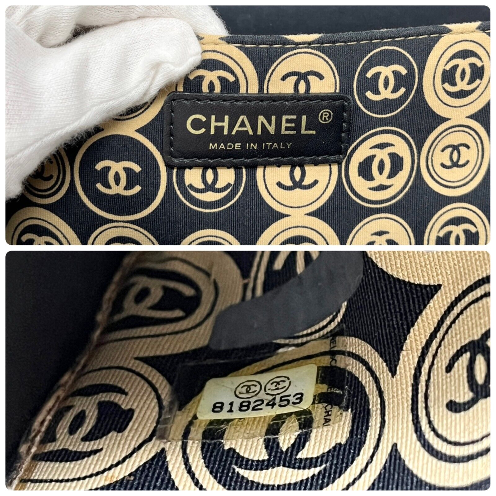 CHANEL Vintage CC Logo Medallion Handbag Black Beige Cotton Magnetic Rank AB