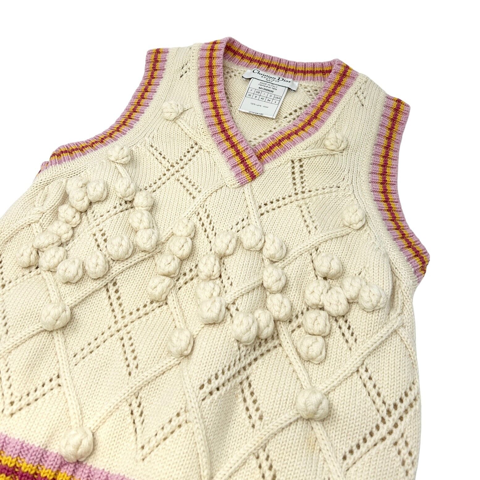 Christian Dior Vintage Logo Pom Pom Knit Vest #36 Cream Wool Tank Top RankAB