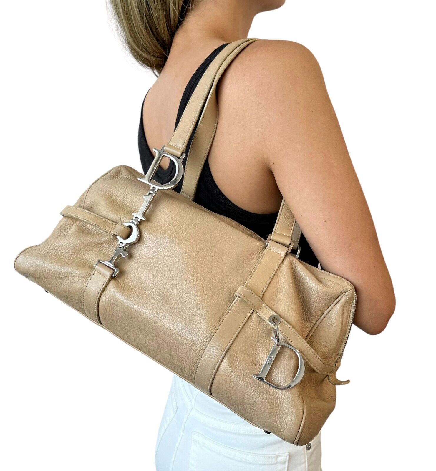 Christian Dior Vintage Logo Shoulder Bag Zip Beige Silver Leather Rank AB