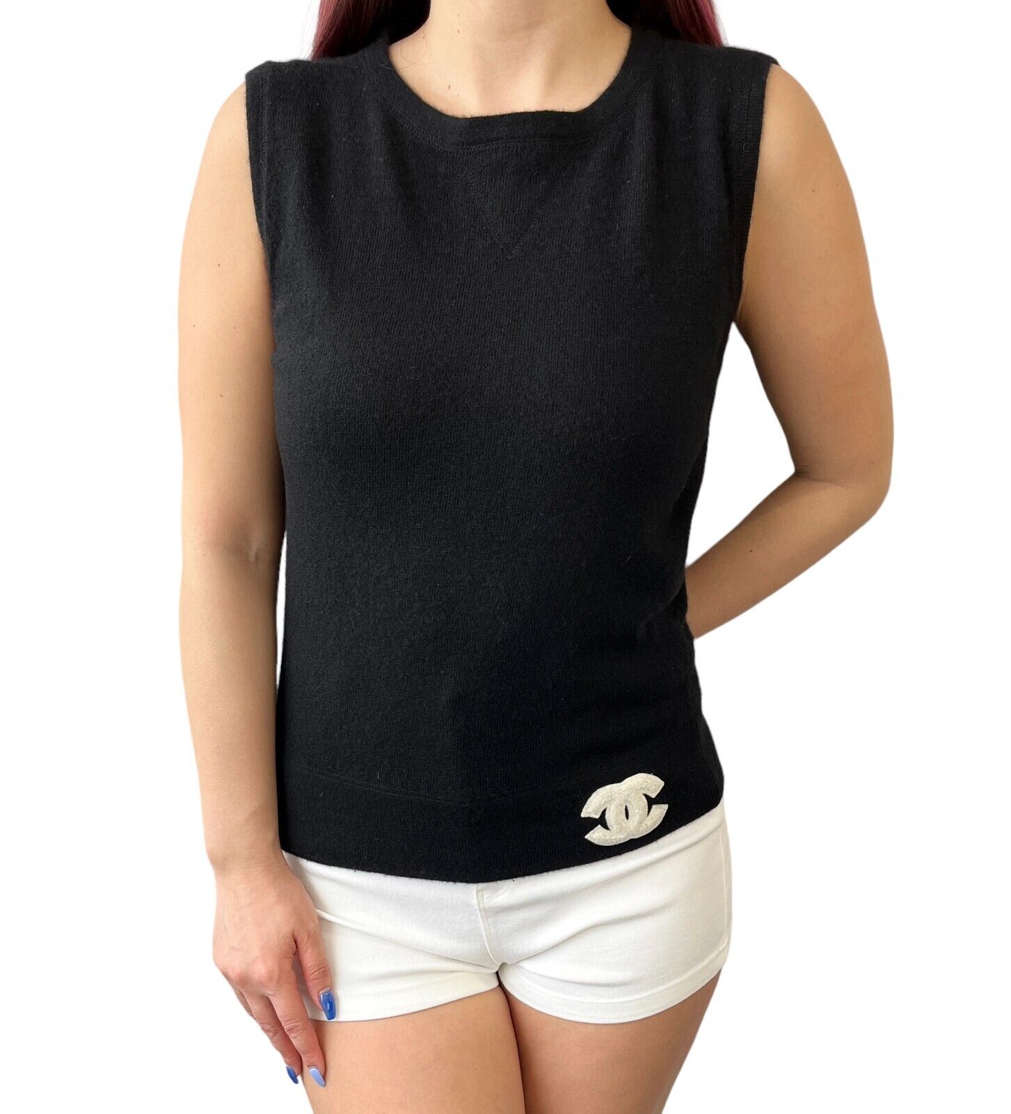 CHANEL Vintage 01A Coco Mark Logo Knit Vest Top #38 Black Cashmere Rank AB+