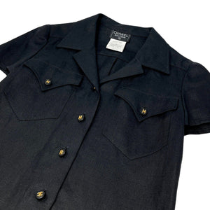 CHANEL Vintage 97P CC Mark Logo Button Shirt Top #36 Pocket Black Linen Rank AB