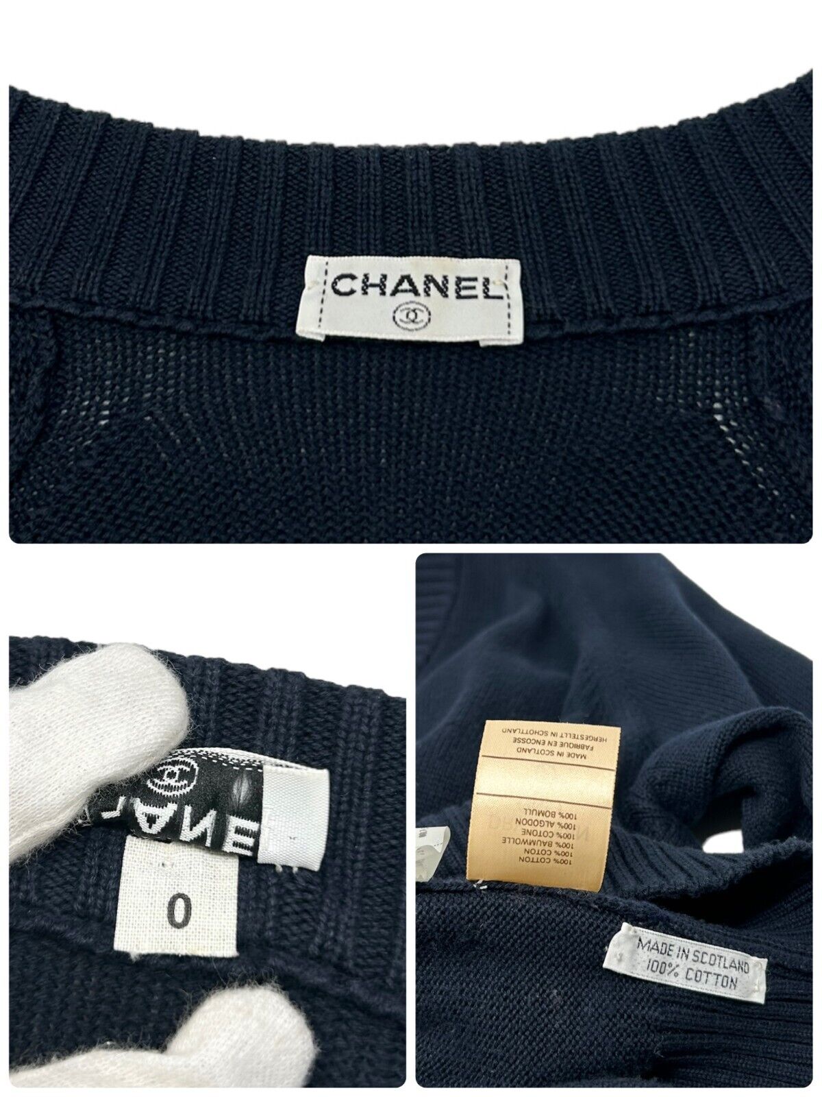 CHANEL Vintage Coco Mark Knit Sweater #0 Top Gold Button Blue Cotton Rank A
