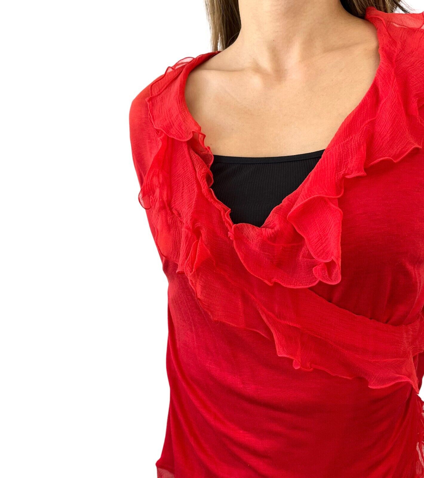Christian Dior Vintage Frill Top Pullover #44 Long Sleeve Red Silk Rank AB+