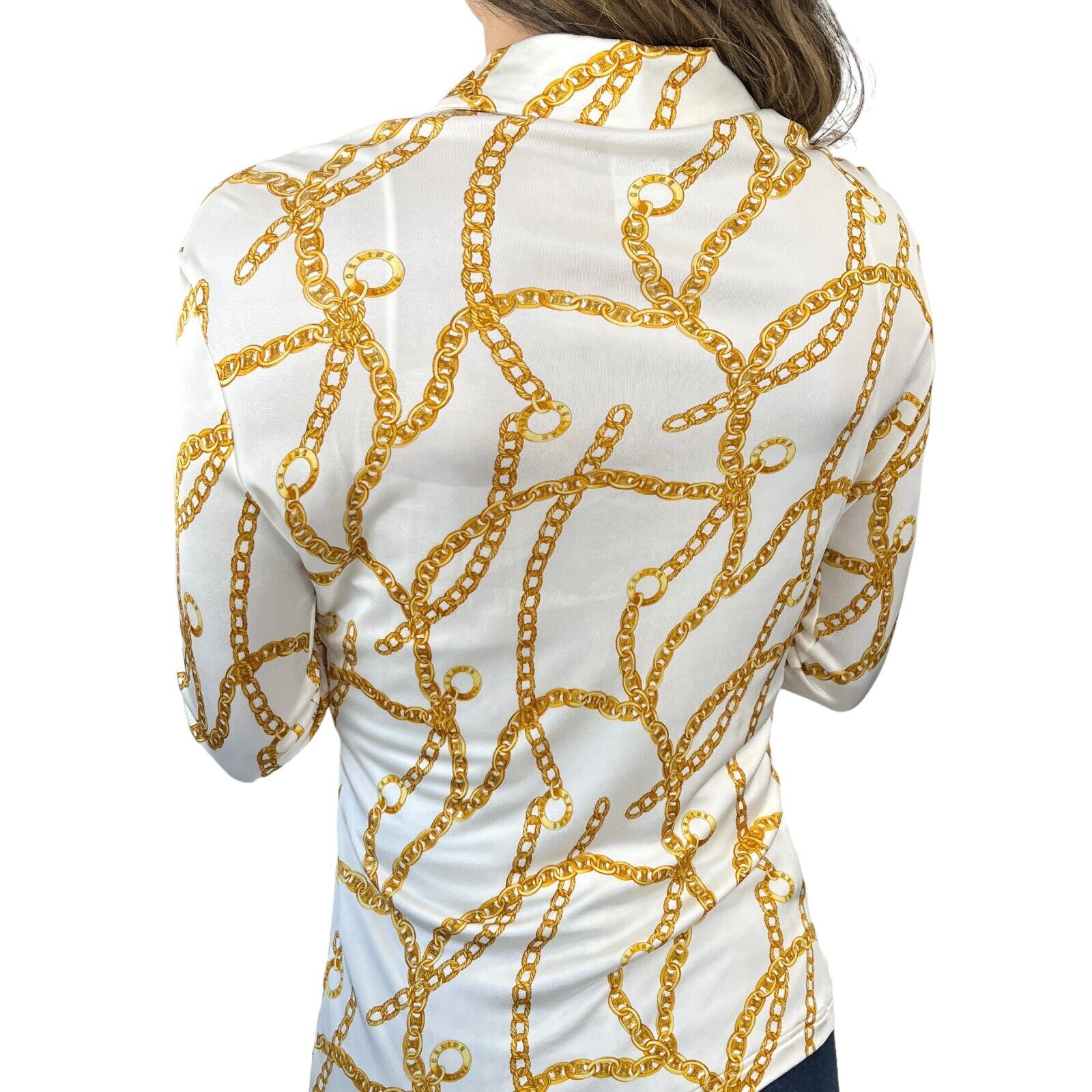 CELINE Vintage Logo Shirt Top #36 Button Chain White Gold Rayon Rank AB+