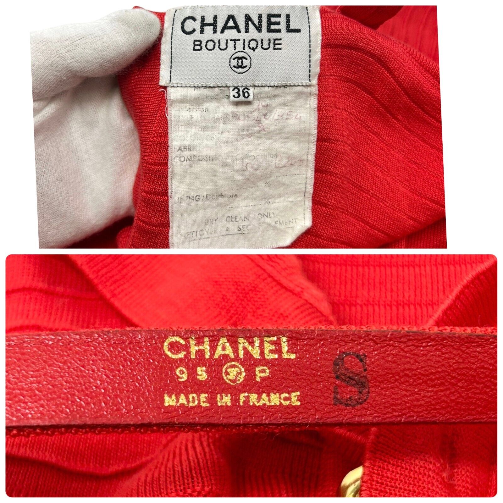 CHANEL Vintage Coco Mark Logo Dress #36 One-piece Red Gold Cotton Button RankAB