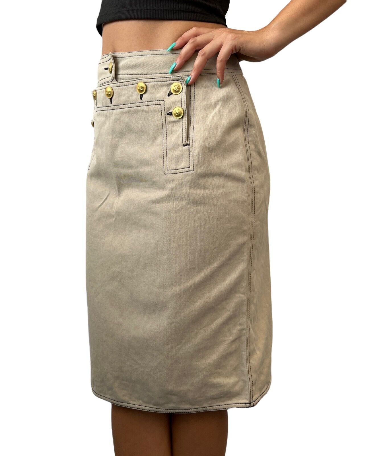 CHANEL Vintage CC Mark Gold Button Skirt #40 Stitch Beige Cotton Rank AB