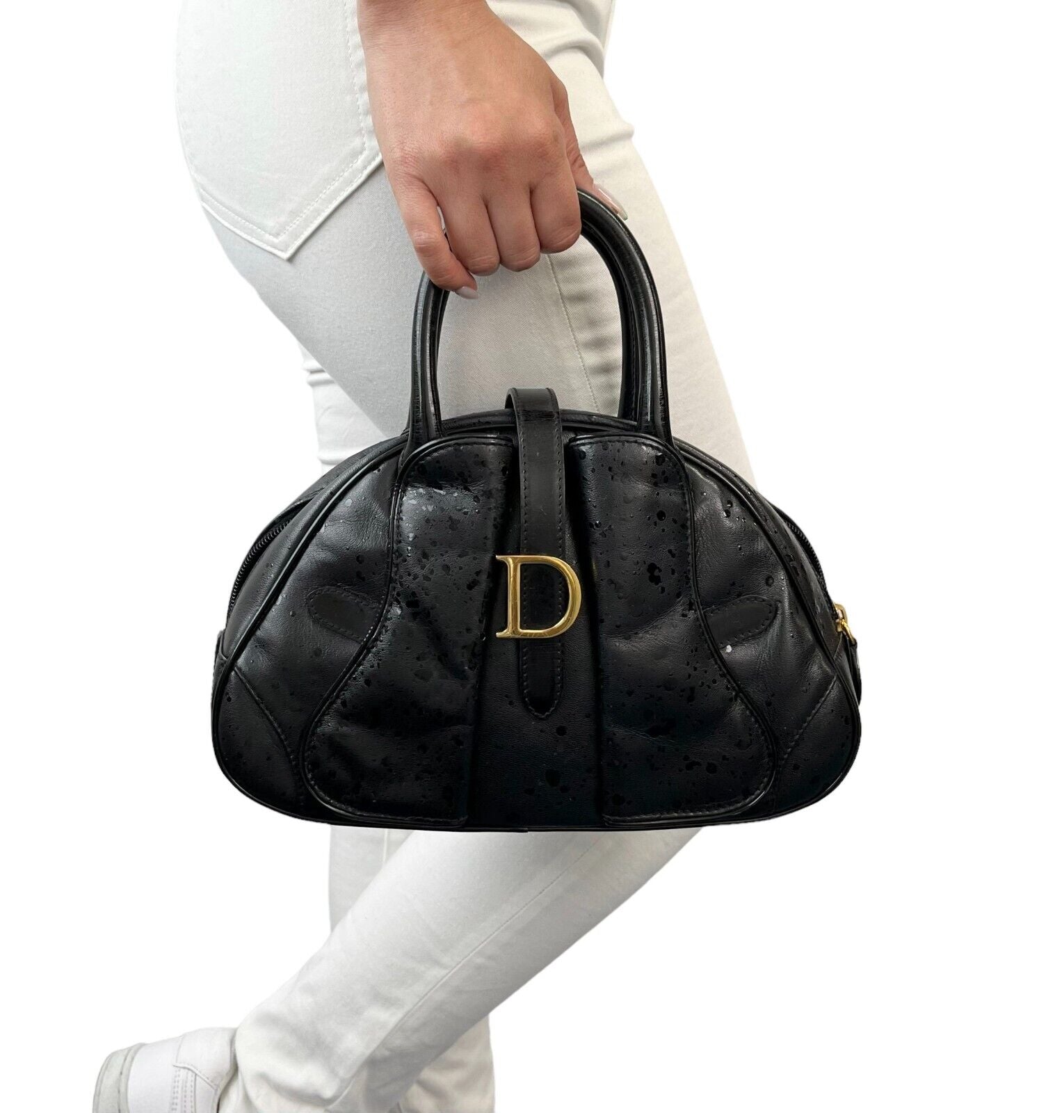 Christian Dior Vintage Logo Mini Double Saddle Bag Zip Black Leather Rank AB