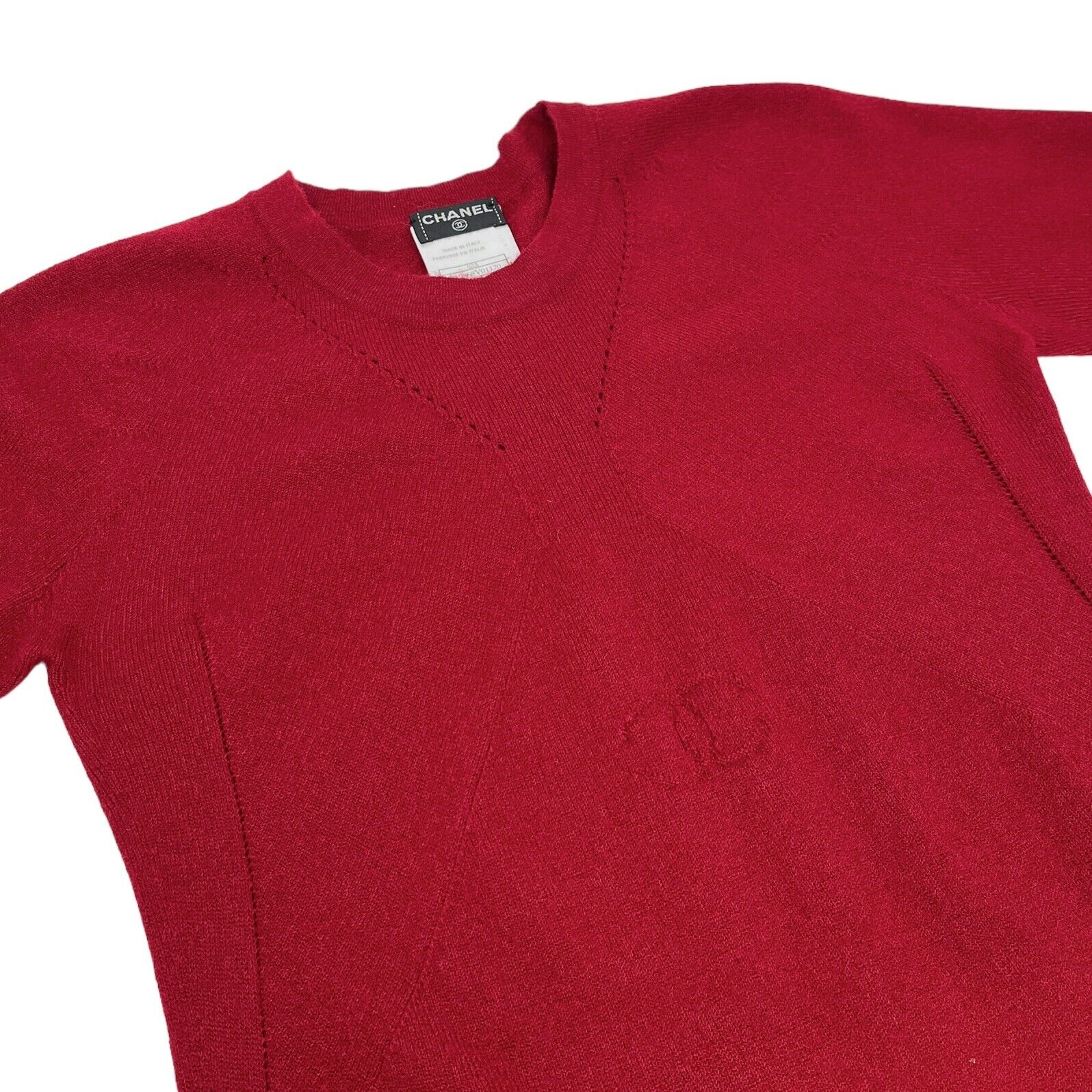 CHANEL Vintage 02A CC Mark Logo Knit Sweater Top #40 Red Cashmere Rank AB+