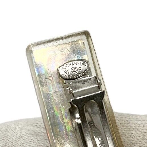 CHANEL Vintage 97P CC Logo Barrette Hair Accessory Silver Platic Metal Rank AB