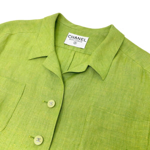 CHANEL Vintage Coco Mark Logo Jacket Green Silver Linen Button Pockets RankAB