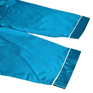 Yves Saint Laurent Vintage Logo Pajama #M Room Wear Blue Silk Satin RankAB