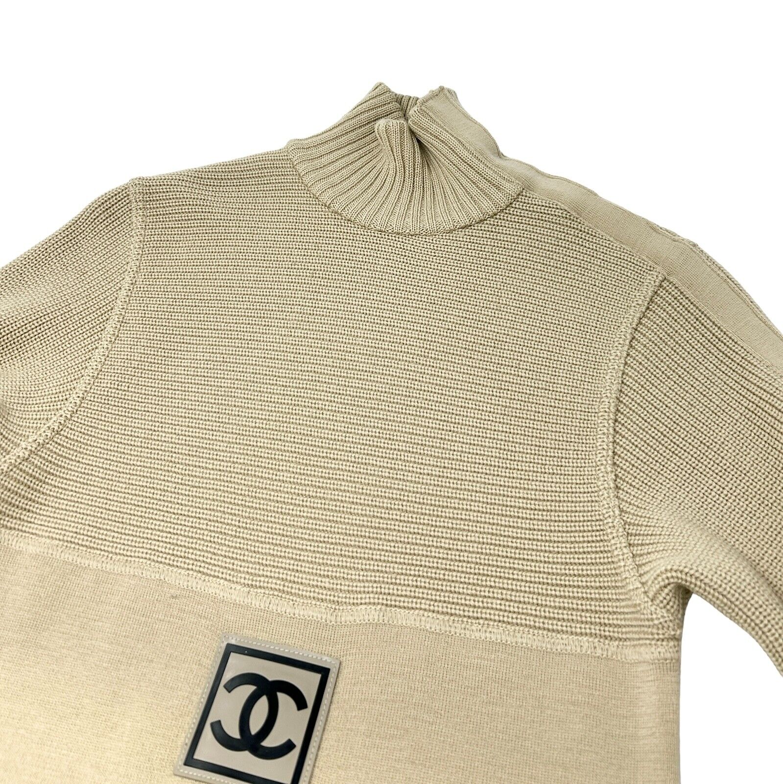 CHANEL Sport Vintage Coco Mark Logo Sweater Beige Wool High Neck RankAB