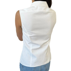 CHANEL Vintage Coco Mark Logo Sleeveless Shirt Top Button White Cotton RankAB