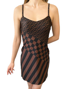 FENDI Vintage Zucca Monogram Dress #42 One-piece Stripe Brown Nylon Rank AB