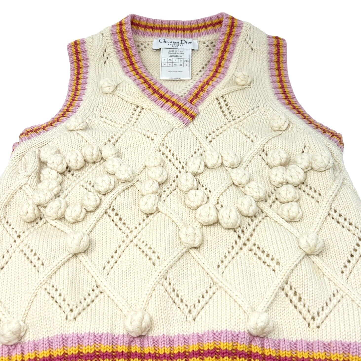 Christian Dior Vintage Logo Pom Pom Knit Vest #36 Cream Wool Tank Top RankAB