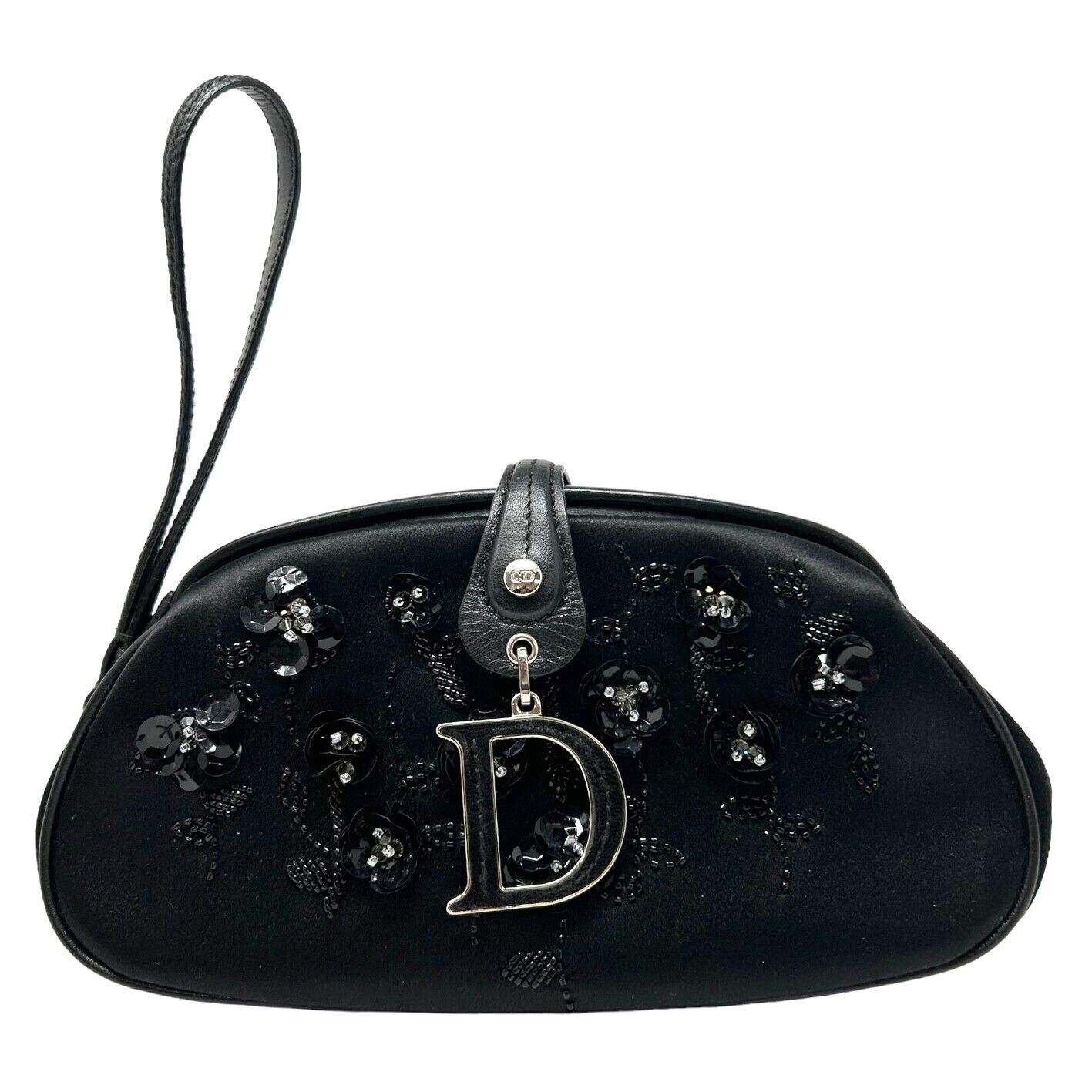 Christian Dior Vintage Limited Edition Logo Beads Pouch Flower Black RankAB