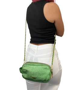 PRADA Vintage Logo Crossbody Bag Shoulder Bag Green Nylon Chain Glitter RankAB