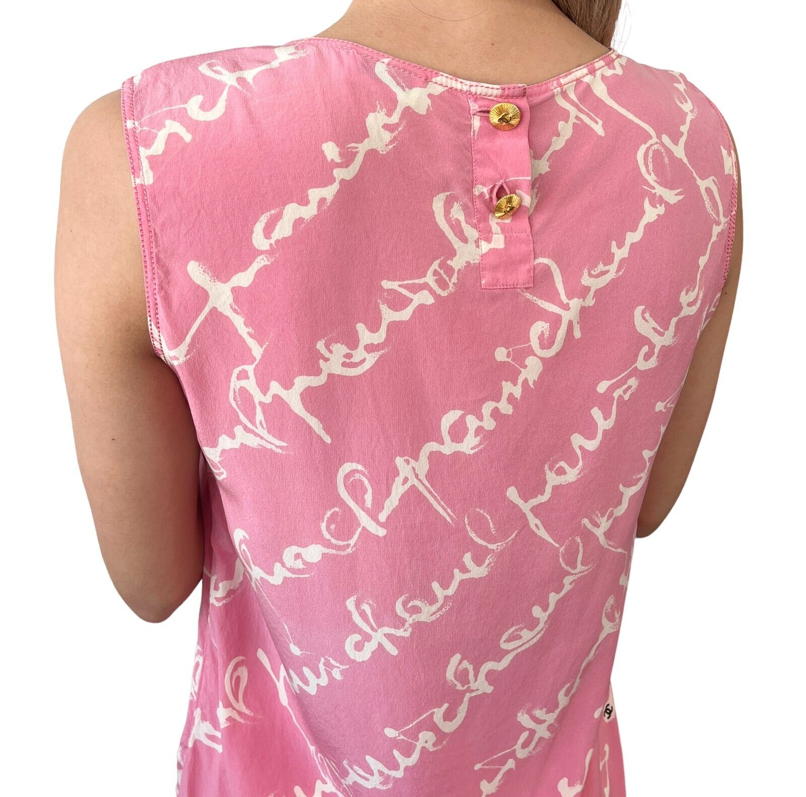 CHANEL Vintage Coco Mark Logo Sleeveless Top Pink White Silk Button Rank AB