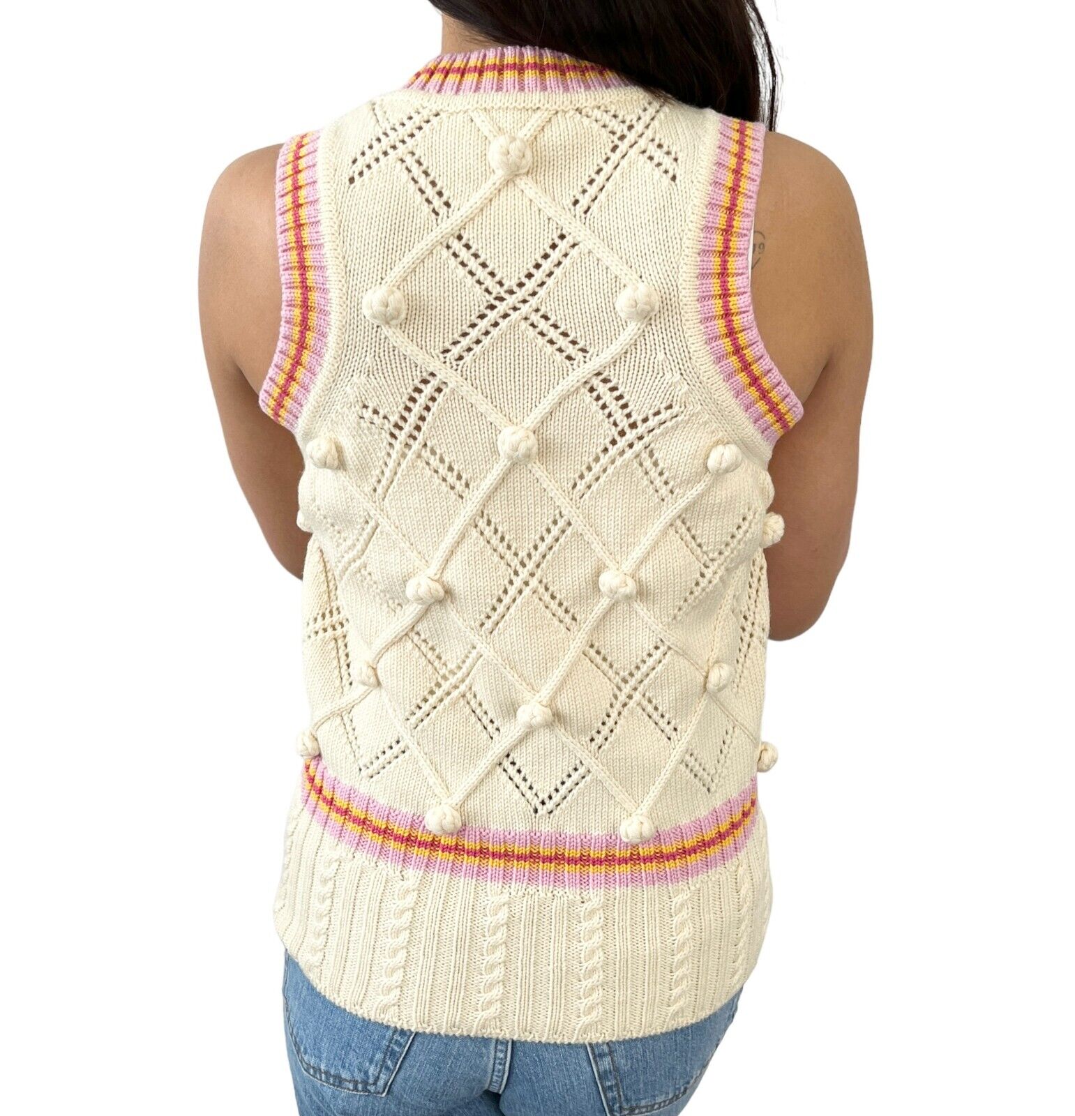 Christian Dior Vintage Logo Pom Pom Knit Vest #36 Cream Wool Tank Top RankAB