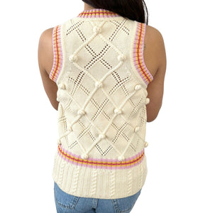 Christian Dior Vintage Logo Pom Pom Knit Vest #36 Cream Wool Tank Top RankAB