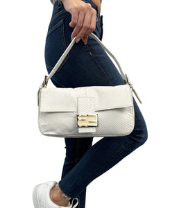 FENDI Vintage FF Logo Mamma Baguette Shoulder Bag White Leather Rank AB