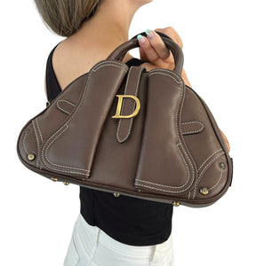 Christian Dior Vintage Logo Double Saddle Bag Brown Gold Leather Zip Rank AB