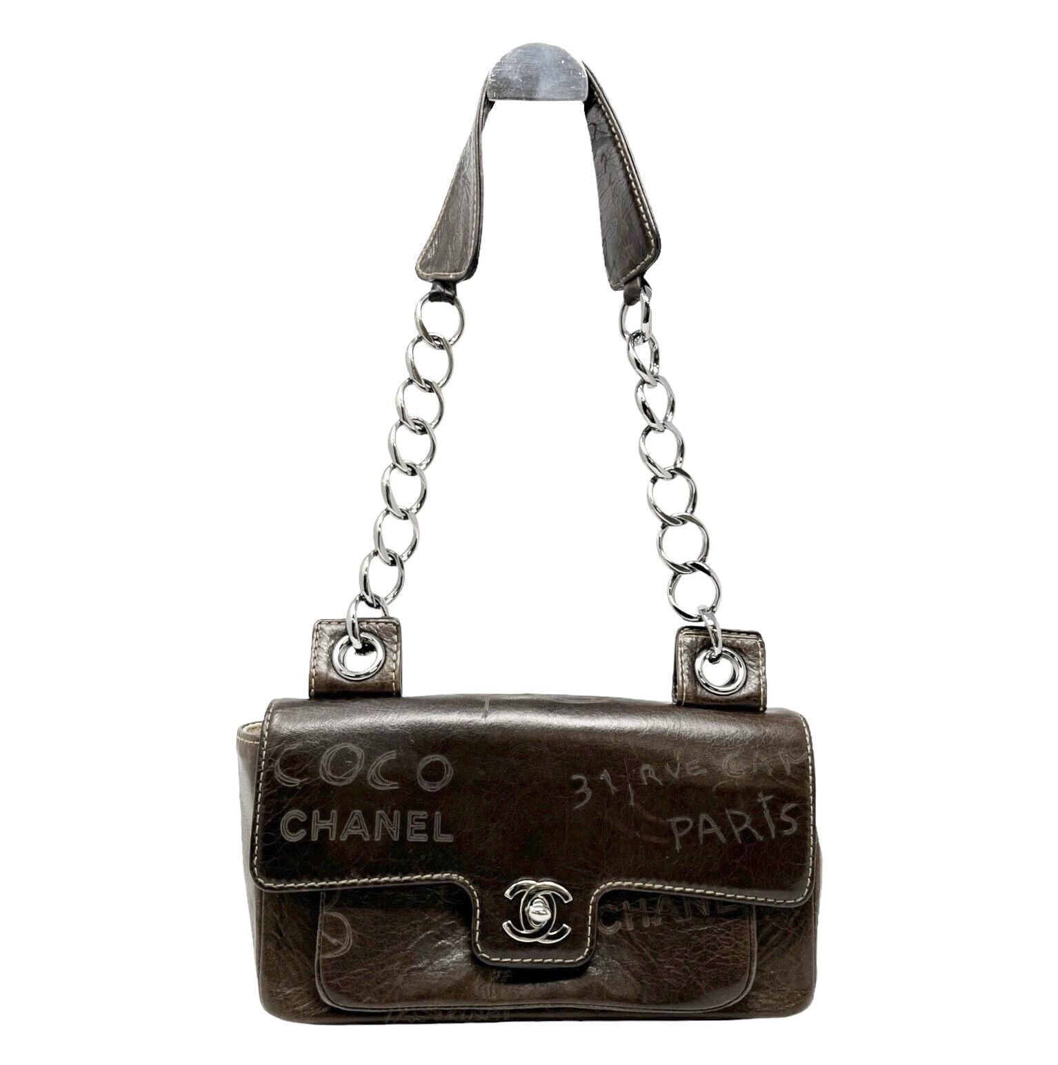CHANEL Vintage 2003 CC Mark Logo Chain Flap Bag Turn Lock Dark Brown Rank AB+
