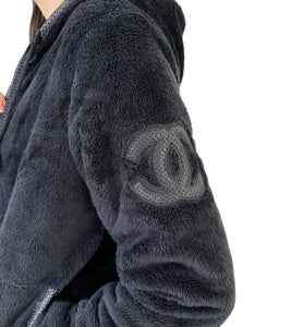 CHANEL Sport 09C Vintage CC Hoodie Jacket Faux Fur #40 Full Zip Black RankAB