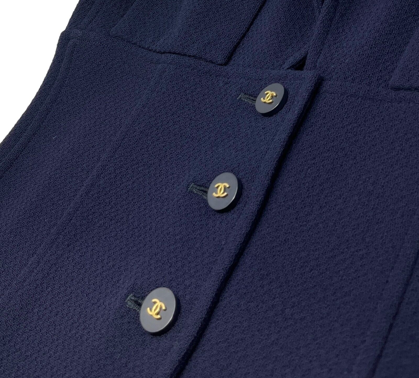 CHANEL Vintage 94A CC Logo Long Jacket #40 Dark Blue Gold Button Wool Rank AB