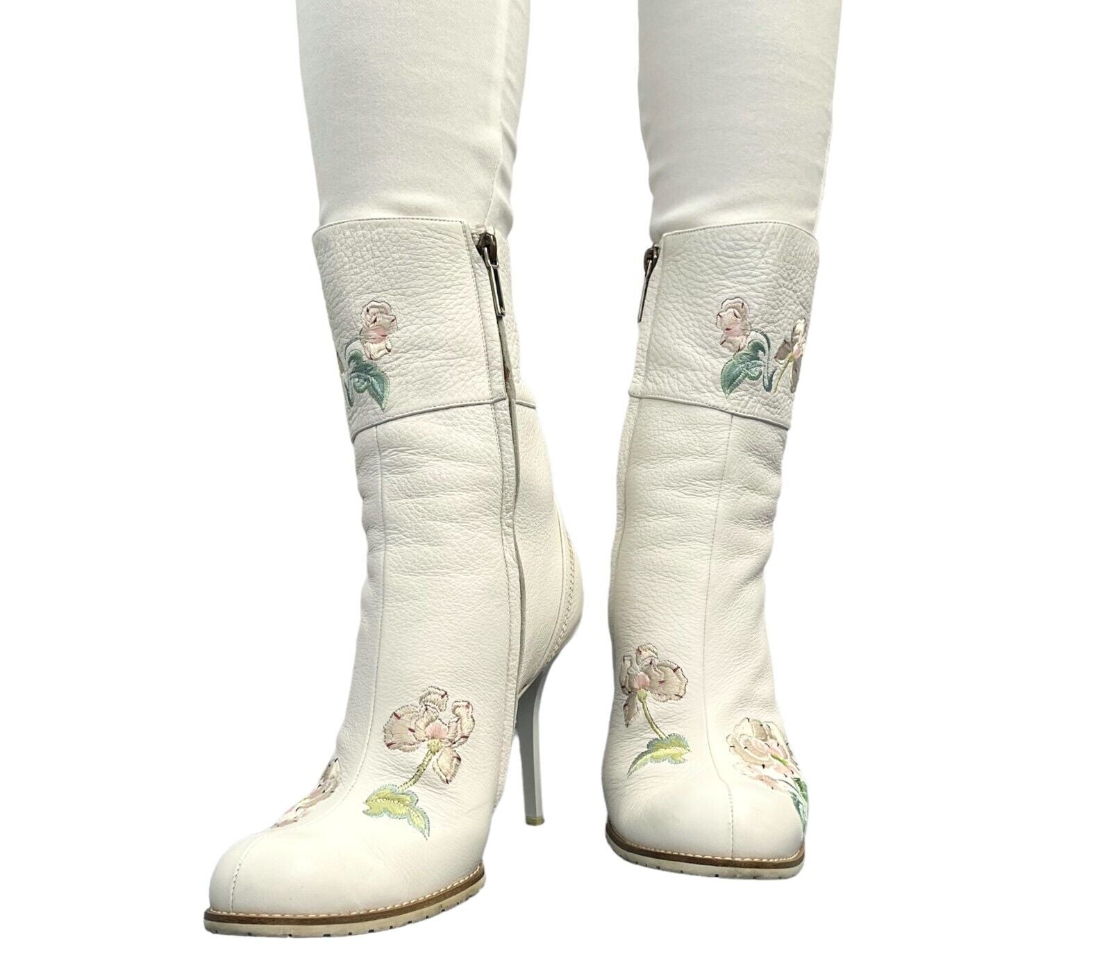 Dior Vintage Logo Embroidered Ankle Boots #37.5 US 7.5 White Leather Rank AB
