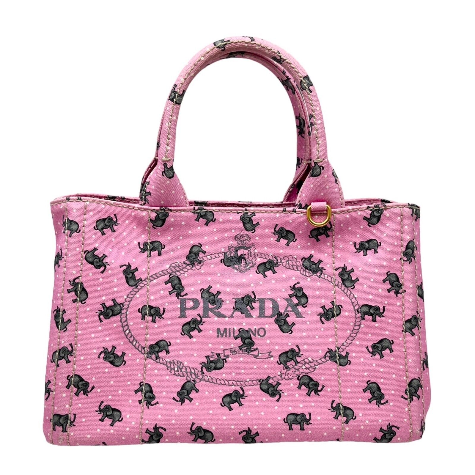 PRADA Vintage Big Logo Mini Canapa Tote Bag Elephant Pink Gray Canvas Rank AB